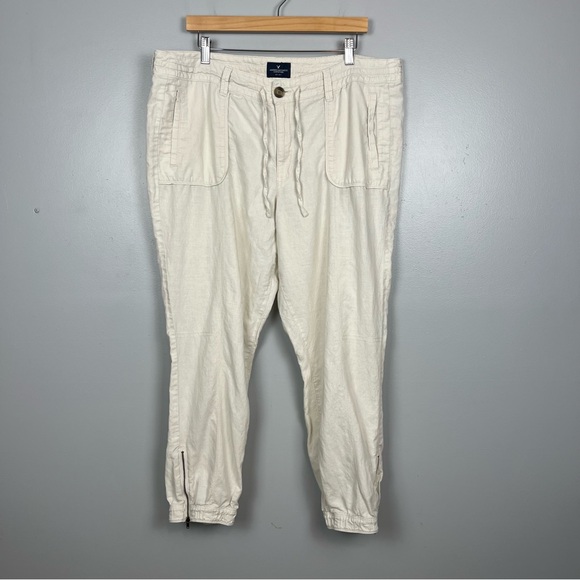 American Eagle linen cotton blend ivory drawstring waist jogger pants, size 16. - Picture 1 of 11